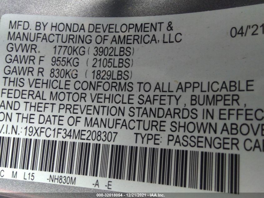 2021 HONDA CIVIC SEDAN EX 19XFC1F34ME208307