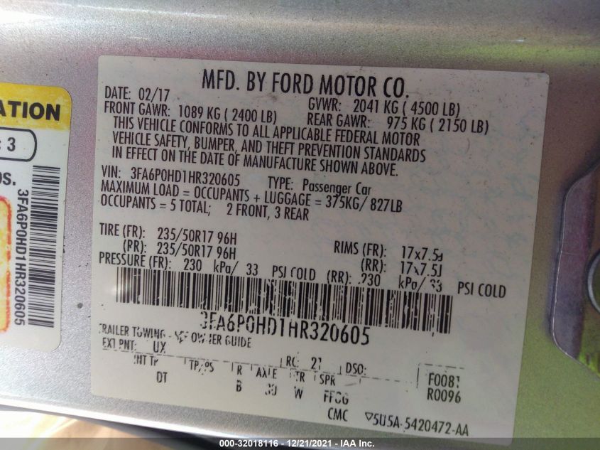 2017 FORD FUSION SE 3FA6P0HD1HR320605
