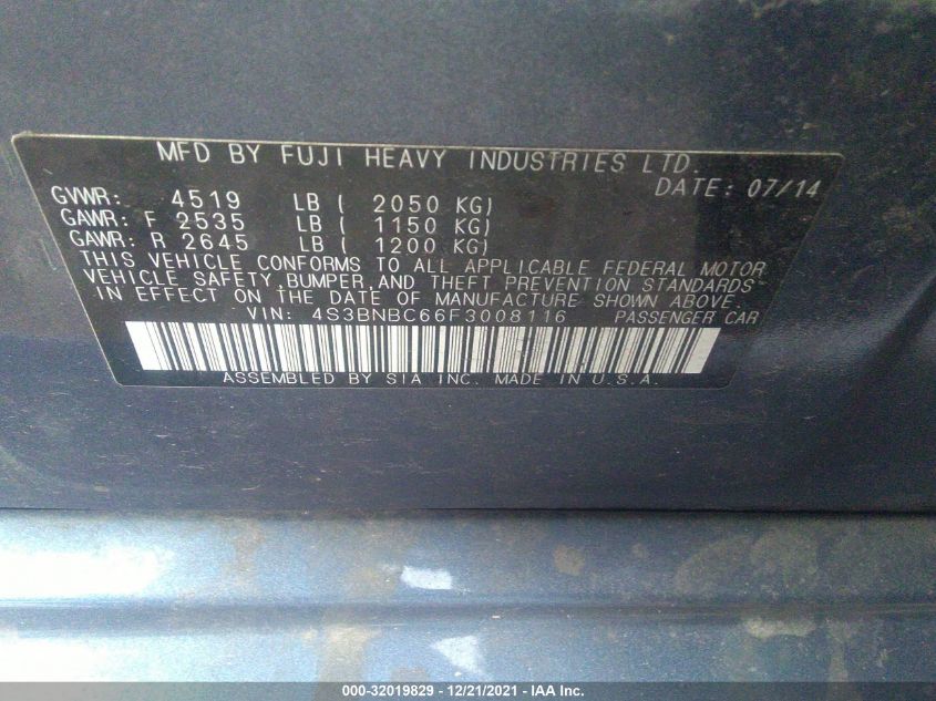 2015 SUBARU LEGACY 2.5I PREMIUM 4S3BNBC66F3008116