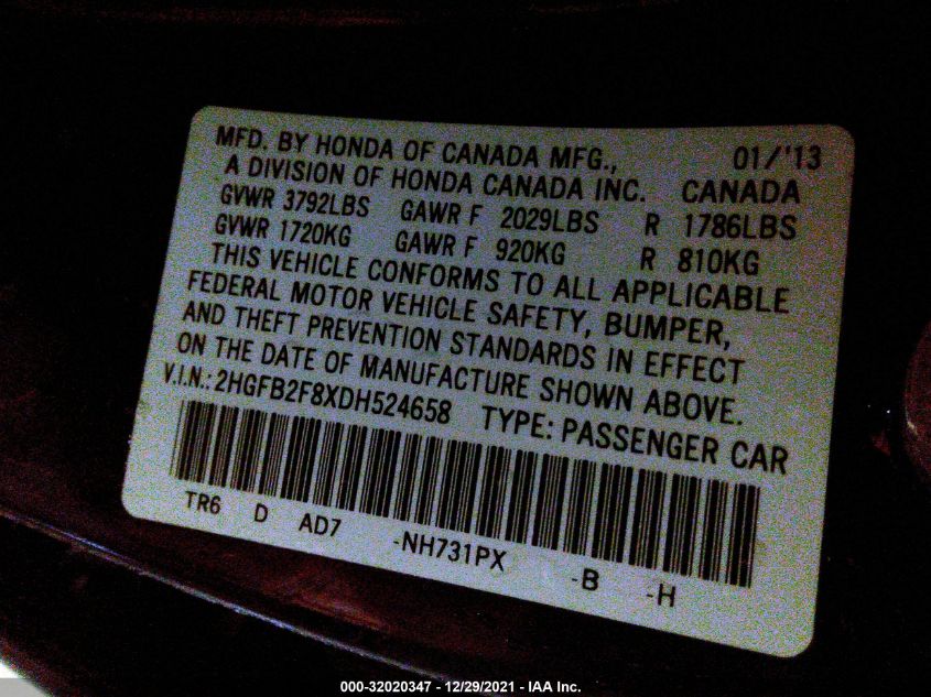 2013 HONDA CIVIC EX 2HGFB2F8XDH524658