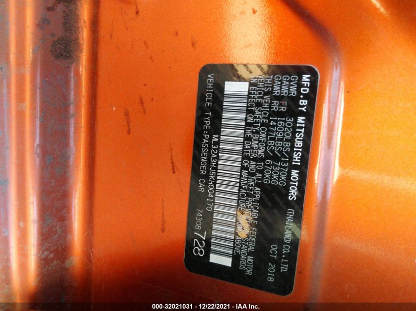 2019 MITSUBISHI MIRAGE ES/RF ML32A3HJ5KH004170