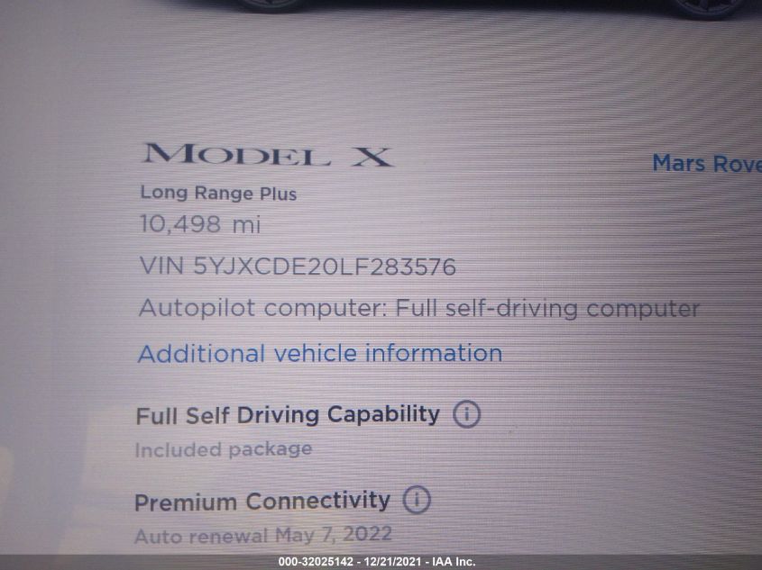 2020 TESLA MODEL X LONG RANGE 5YJXCDE20LF283576