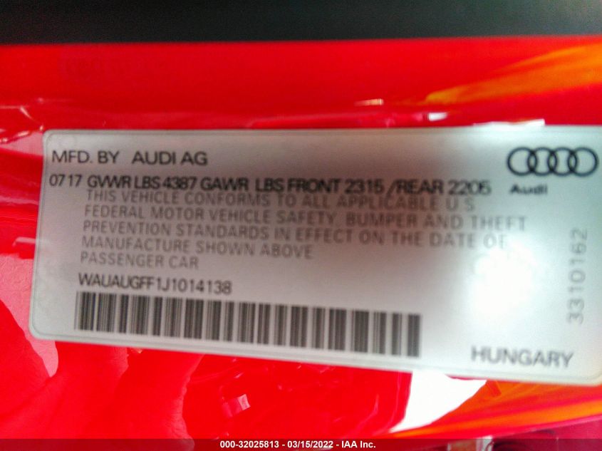 2018 AUDI A3 SEDAN PREMIUM/TECH PREMIUM WAUAUGFF1J1014138