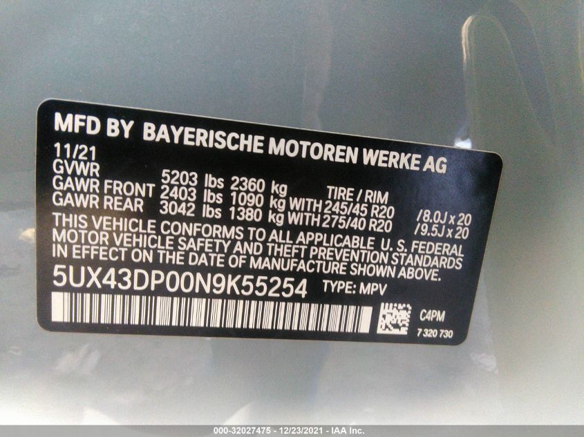 Auction sale of the 2022 BMW X3 , vin: 5UX43DP00N9K55254, lot number: 32027475