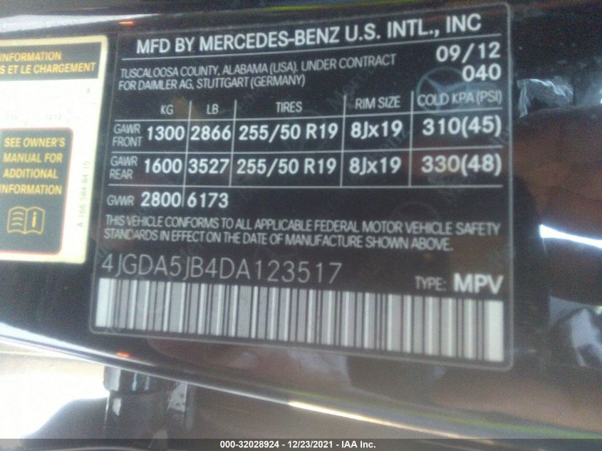 2013 MERCEDES-BENZ M-CLASS ML 350 4JGDA5JB4DA123517