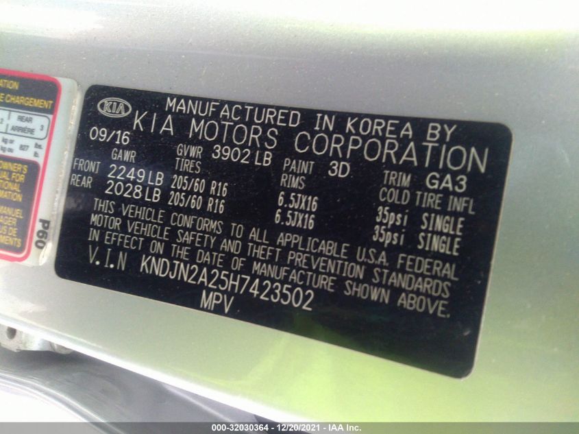 2017 KIA SOUL BASE KNDJN2A25H7423502