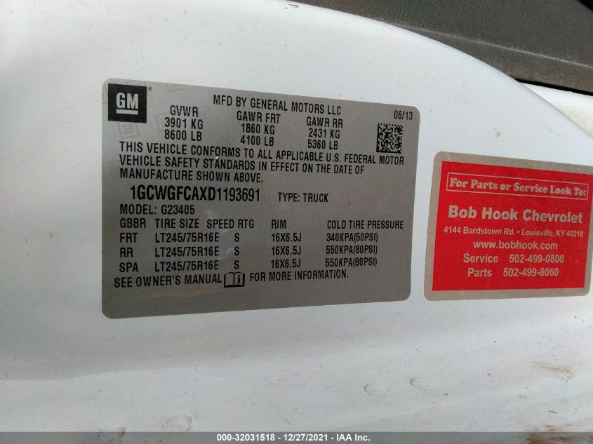 2013 CHEVROLET EXPRESS CARGO VAN 1GCWGFCAXD1193691