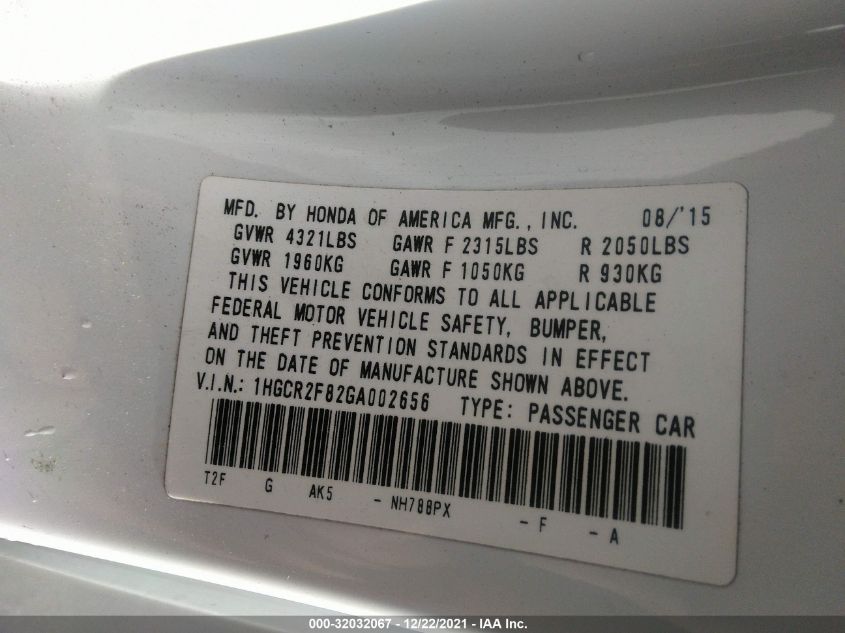 2016 HONDA ACCORD SEDAN EX-L 1HGCR2F82GA002656