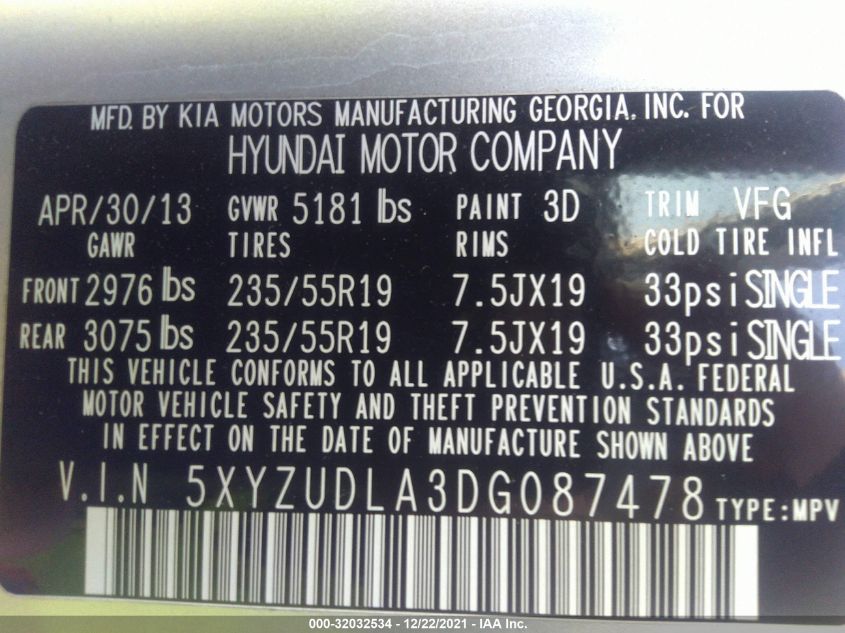 2013 HYUNDAI SANTA FE 2.0T SPORT 5XYZUDLA3DG087478