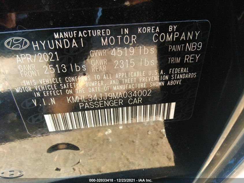 2021 HYUNDAI SONATA HYBRID SEL KMHL34JJ9MA034002