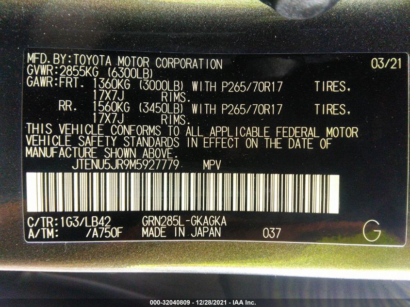 2021 TOYOTA 4RUNNER SR5 PREMIUM JTENU5JR9M5927779