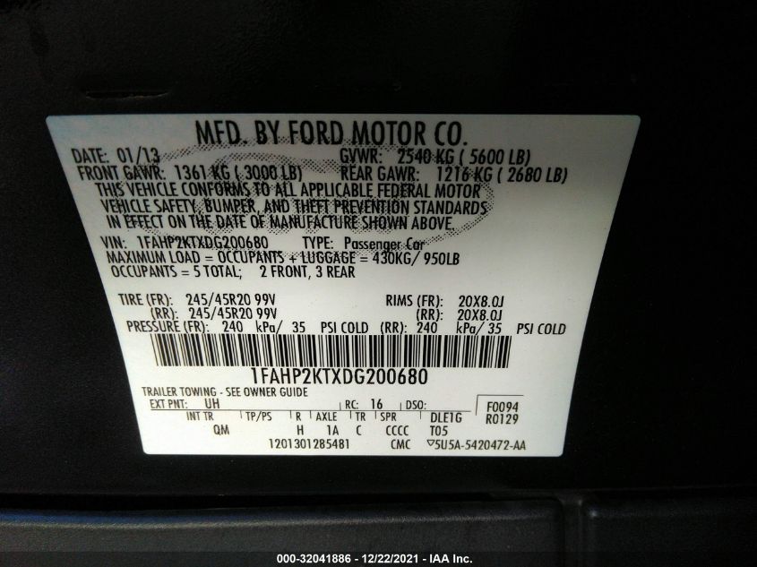 2013 FORD TAURUS SHO 1FAHP2KTXDG200680