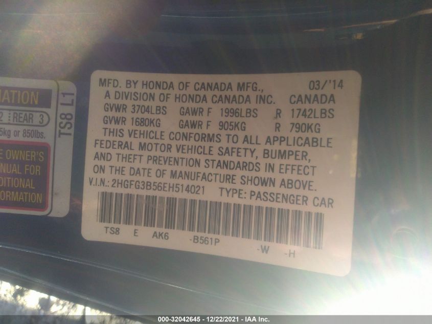 2014 HONDA CIVIC COUPE LX 2HGFG3B56EH514021