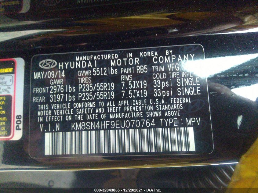 2014 HYUNDAI SANTA FE GLS KM8SN4HF9EU070764
