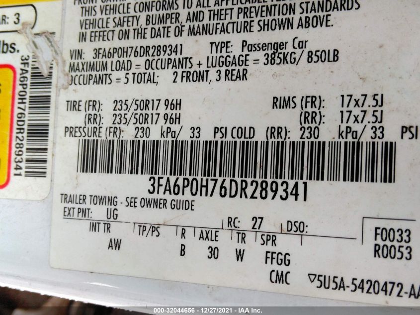 2013 FORD FUSION SE 3FA6P0H76DR289341