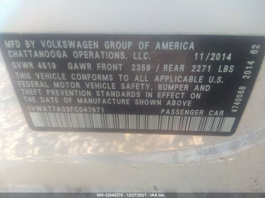 2015 VOLKSWAGEN PASSAT 1.8T WOLFSBURG ED 1VWAT7A33FC047671