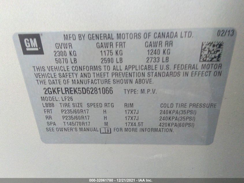2013 GMC TERRAIN SLE 2GKFLREK5D6281066