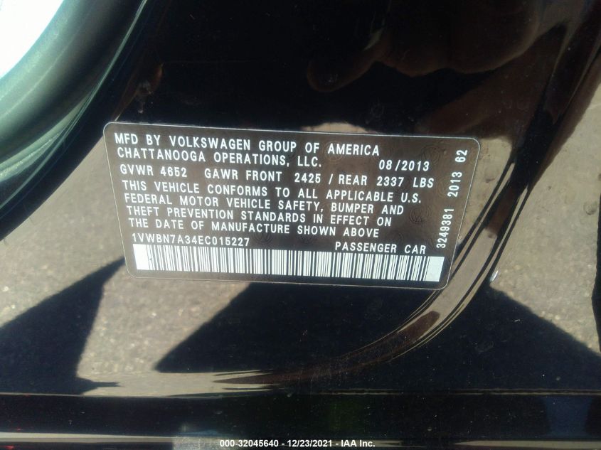 2014 VOLKSWAGEN PASSAT TDI SE W/SUNROOF 1VWBN7A34EC015227