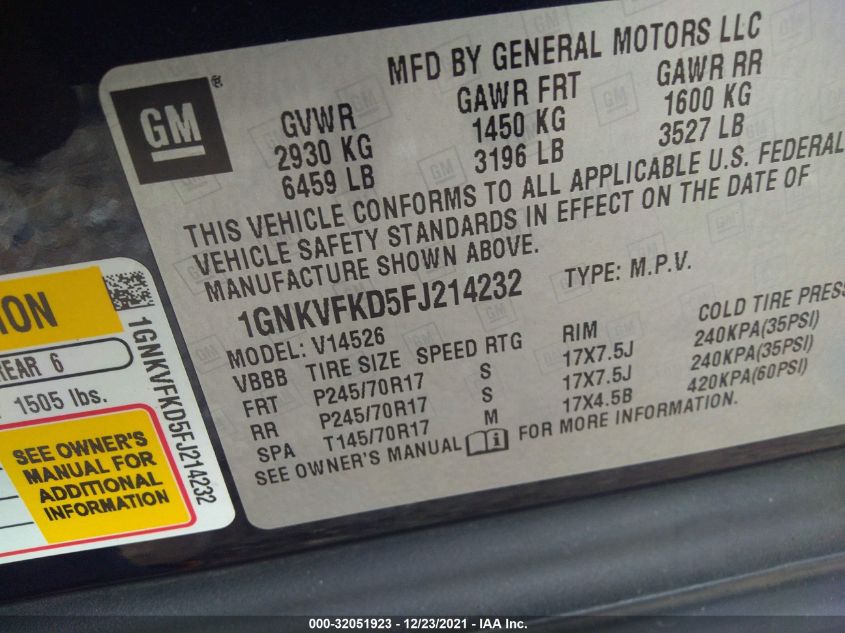 2015 CHEVROLET TRAVERSE LS 1GNKVFKD5FJ214232