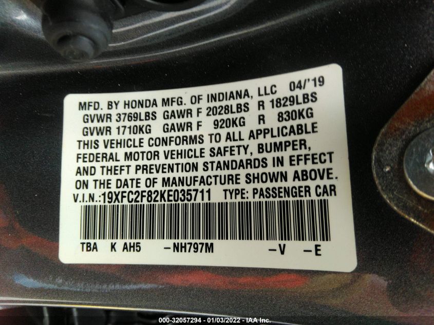 2019 HONDA CIVIC SEDAN SPORT 19XFC2F82KE035711