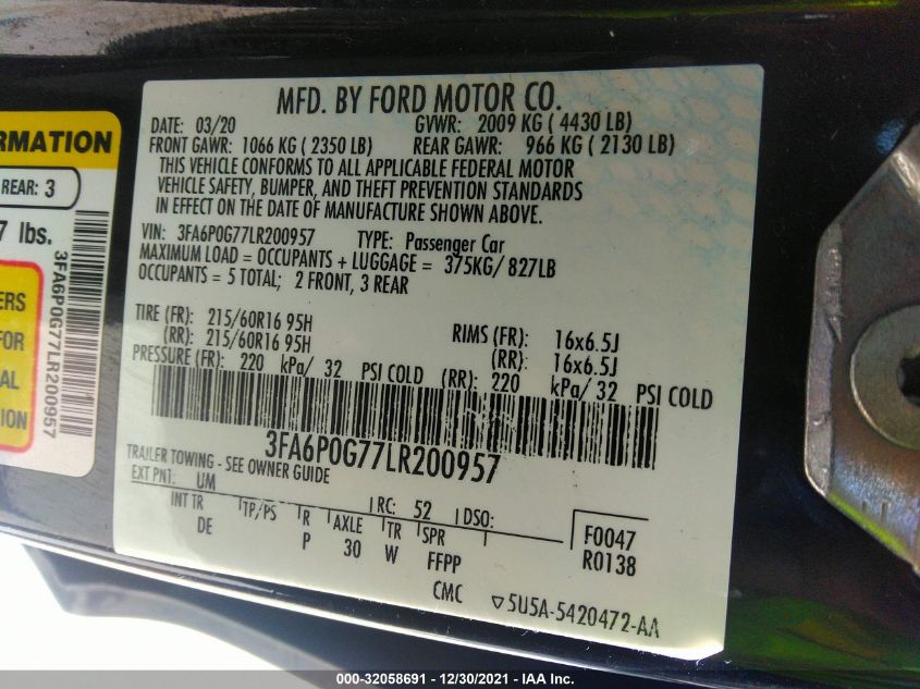 2020 FORD FUSION S 3FA6P0G77LR200957