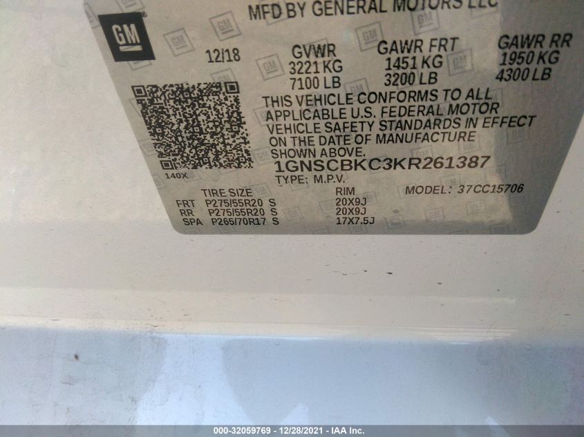 2019 CHEVROLET TAHOE LT 1GNSCBKC3KR261387