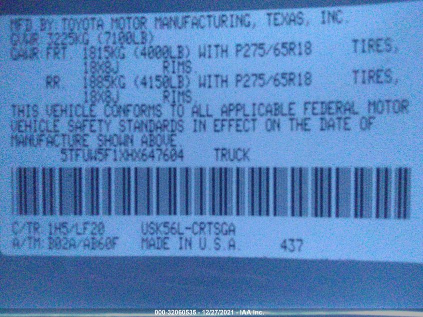 2017 TOYOTA TUNDRA 4WD TRD PRO 5TFUW5F1XHX647604