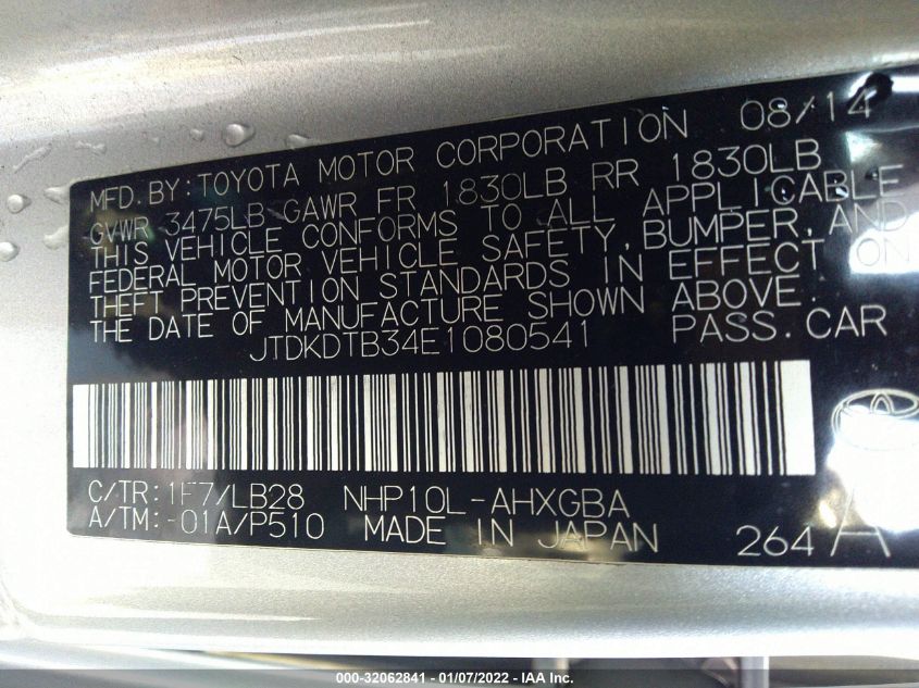 2014 TOYOTA PRIUS C ONE/THREE/TWO/FOUR JTDKDTB34E1080541