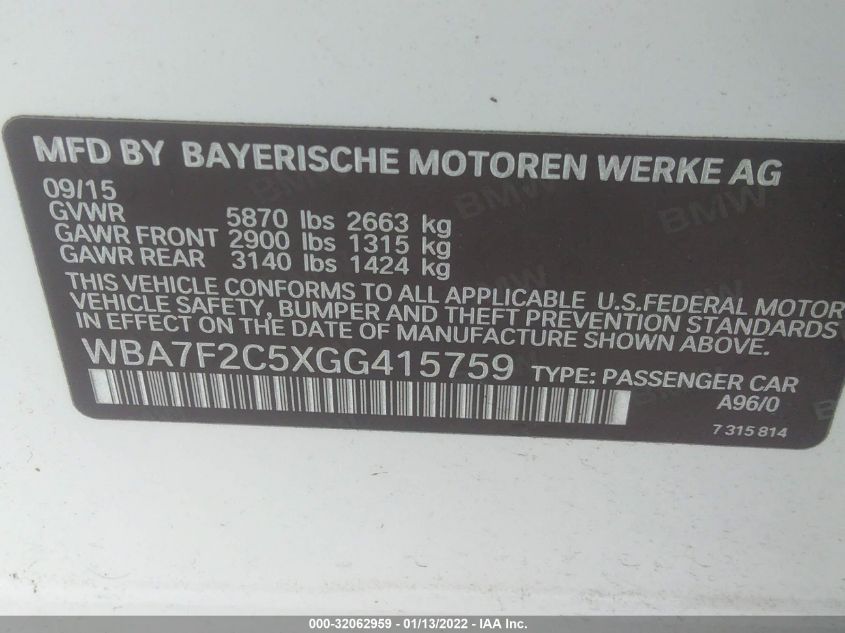 2016 BMW 7 SERIES 750I XDRIVE WBA7F2C5XGG415759