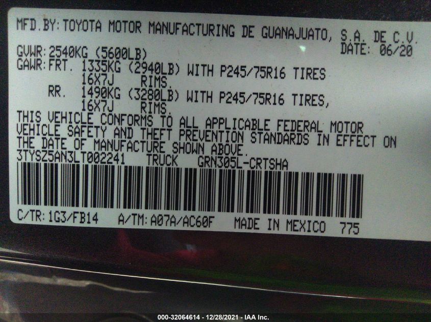 2020 TOYOTA TACOMA 4WD SR/SR5/TRD SPORT 3TYSZ5AN3LT002241
