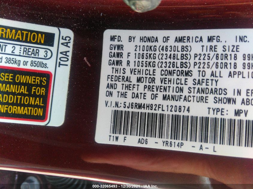 2015 HONDA CR-V TOURING 5J6RM4H92FL120874