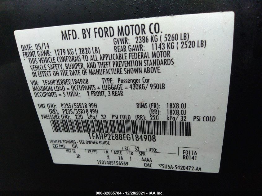 2014 FORD TAURUS SEL 1FAHP2E88EG184908