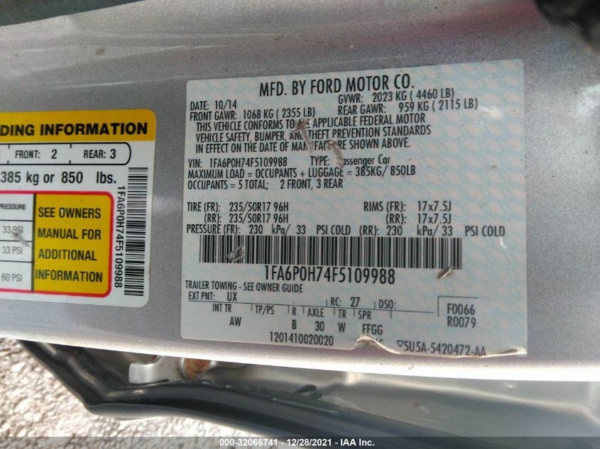 2015 FORD FUSION SE 1FA6P0H74F5109988