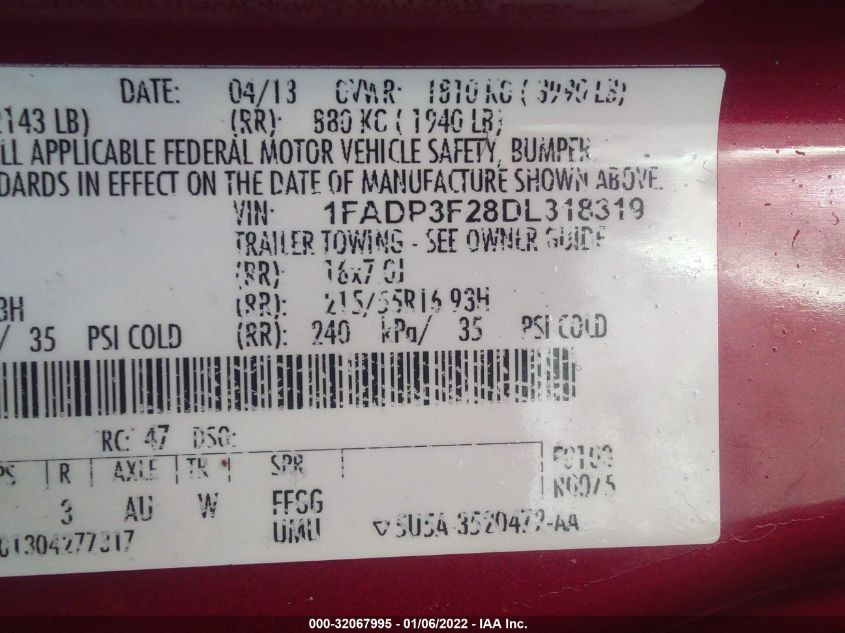 2013 FORD FOCUS SE 1FADP3F28DL318319