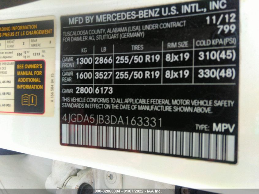 2013 MERCEDES-BENZ M-CLASS ML 350 4JGDA5JB3DA163331