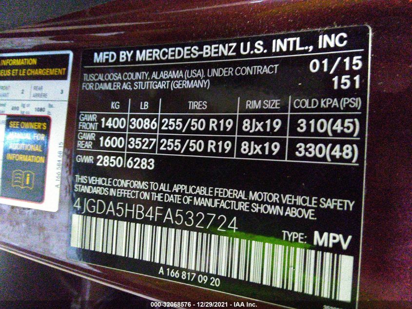 2015 MERCEDES-BENZ M-CLASS ML 350 4JGDA5HB4FA532724