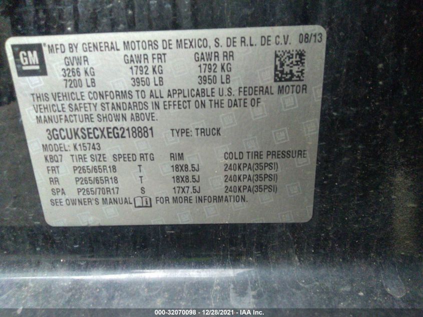 2014 CHEVROLET SILVERADO 1500 LTZ 3GCUKSECXEG218881