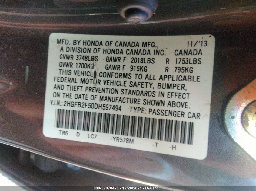 2013 HONDA CIVIC SDN LX 2HGFB2F50DH597494