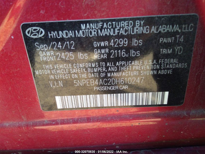 2013 HYUNDAI SONATA GLS PZEV 5NPEB4AC2DH610247