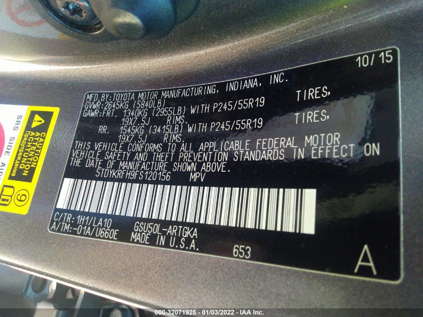 2015 TOYOTA HIGHLANDER LIMITED 5TDYKRFH9FS120156