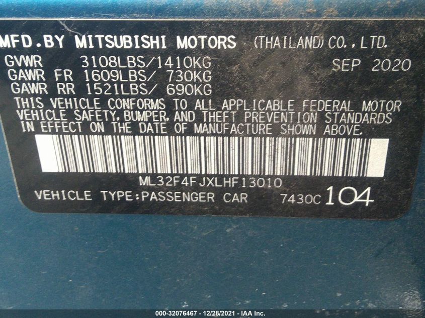 2020 MITSUBISHI MIRAGE G4 SE/LE ML32F4FJXLHF13010