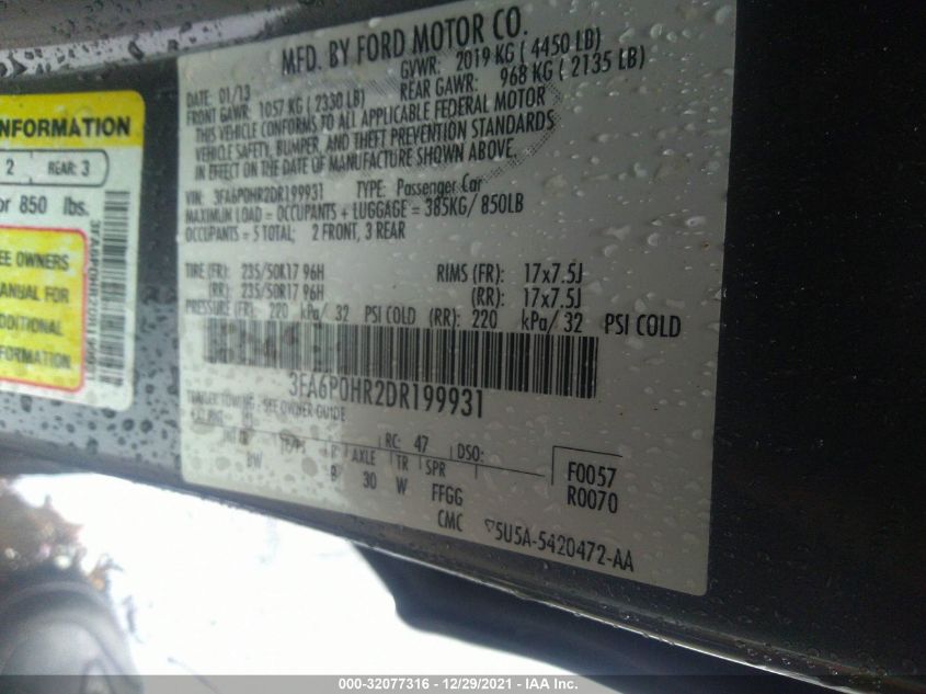 2013 FORD FUSION SE 3FA6P0HR2DR199931