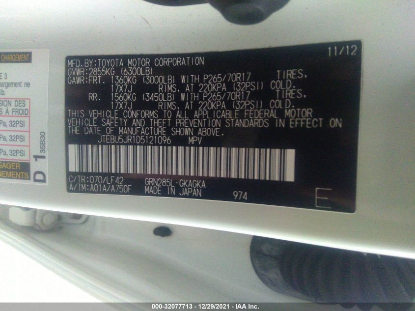 2013 TOYOTA 4RUNNER SR5 JTEBU5JR1D5121096