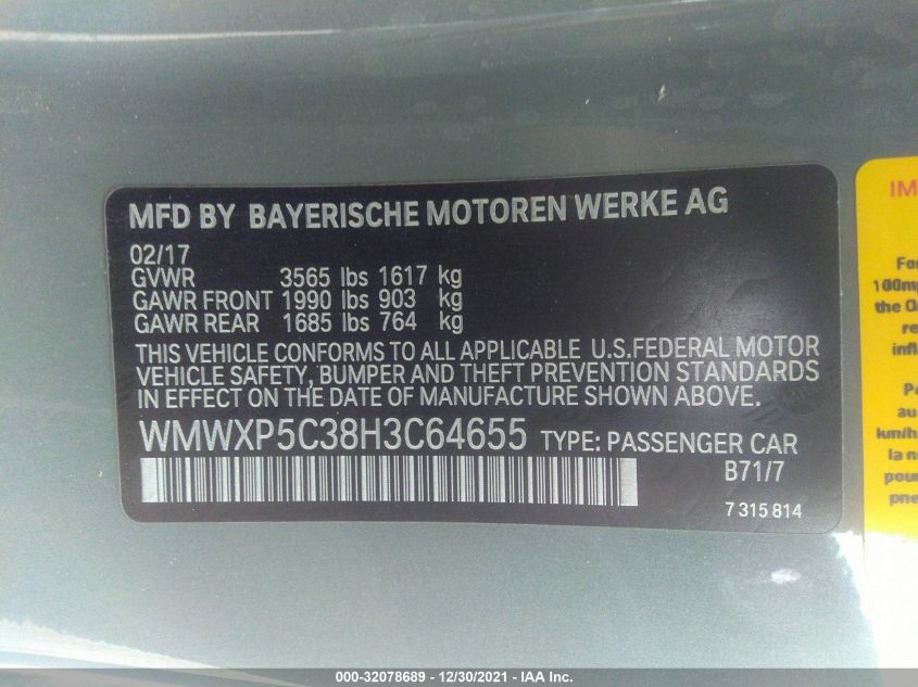 2017 MINI HARDTOP 2 DOOR COOPER WMWXP5C38H3C64655