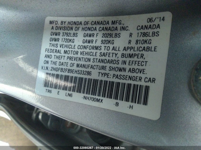2014 HONDA CIVIC SEDAN EX 2HGFB2F89EH533286