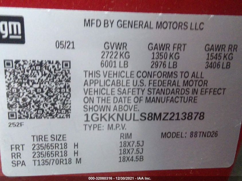 2021 GMC ACADIA SLT 1GKKNULS8MZ213878