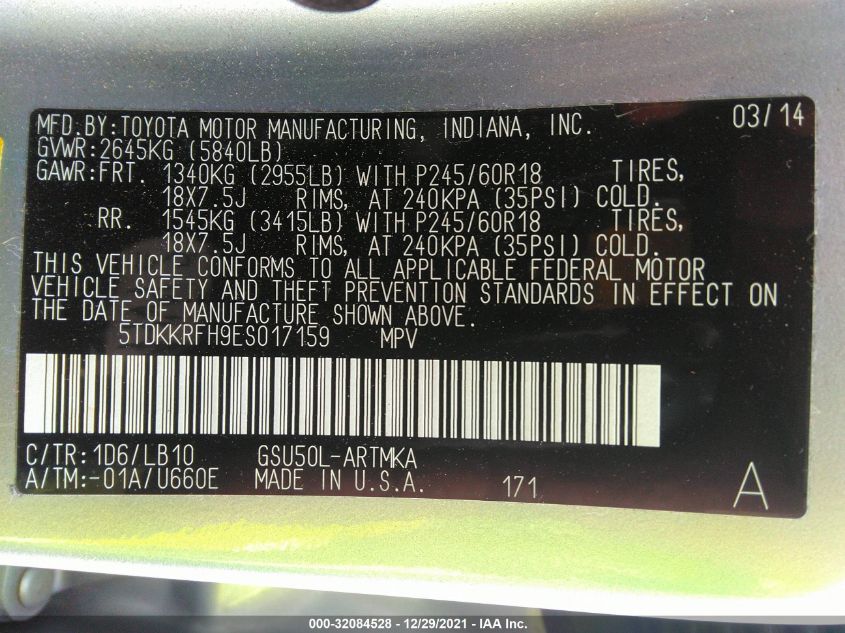 2014 TOYOTA HIGHLANDER XLE 5TDKKRFH9ES017159