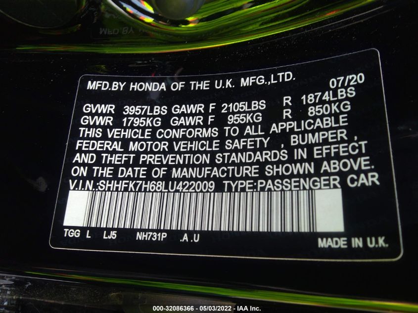2020 HONDA CIVIC HATCHBACK EX SHHFK7H68LU422009