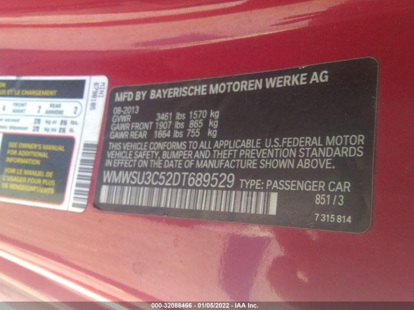 2013 MINI COOPER HARDTOP WMWSU3C52DT689529