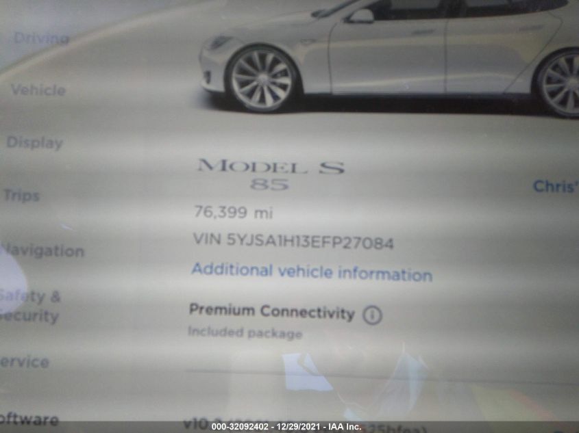2014 TESLA MODEL S 60 KWH BATTERY/P85 5YJSA1H13EFP27084